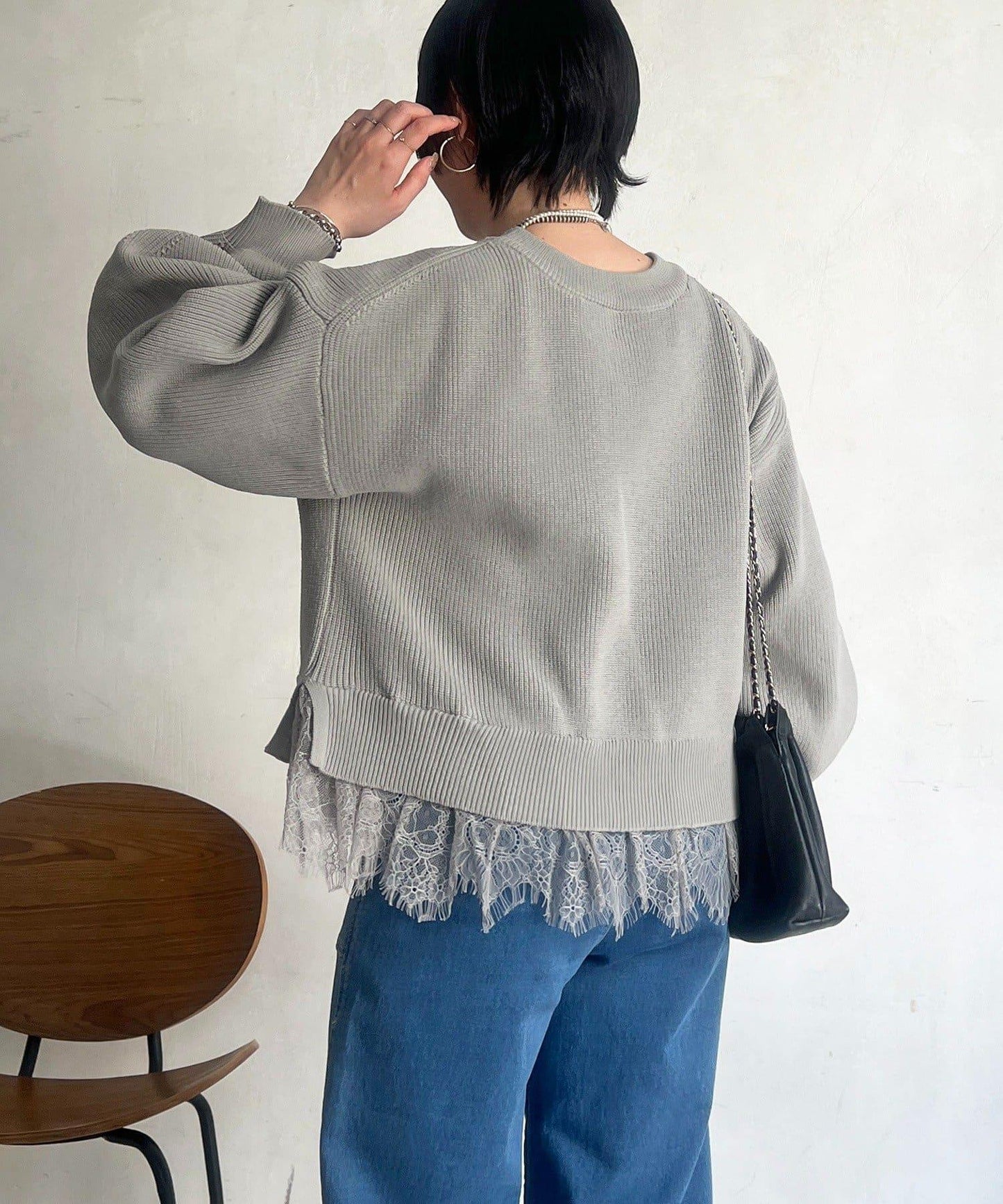 下襬蕾絲設計 針織層次感套頭衫