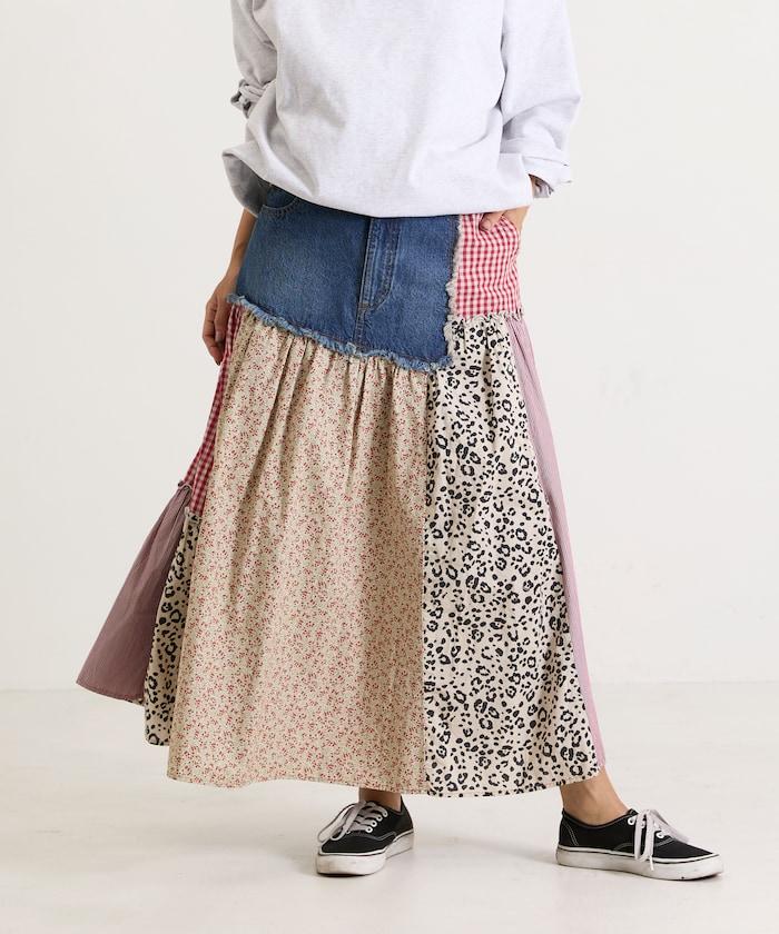 花卉與格紋拼接半身裙