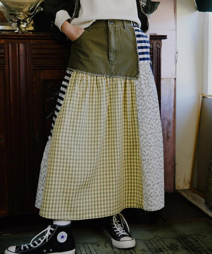 花卉與格紋拼接半身裙