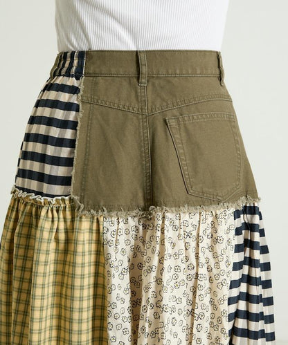 花卉與格紋拼接半身裙