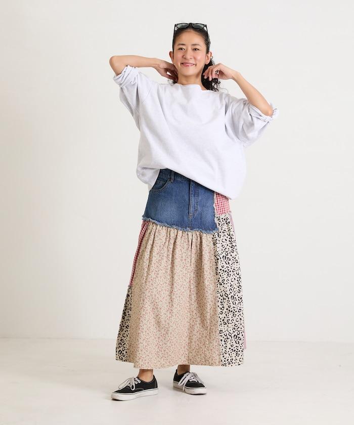 花卉與格紋拼接半身裙