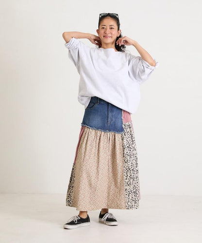 花卉與格紋拼接半身裙