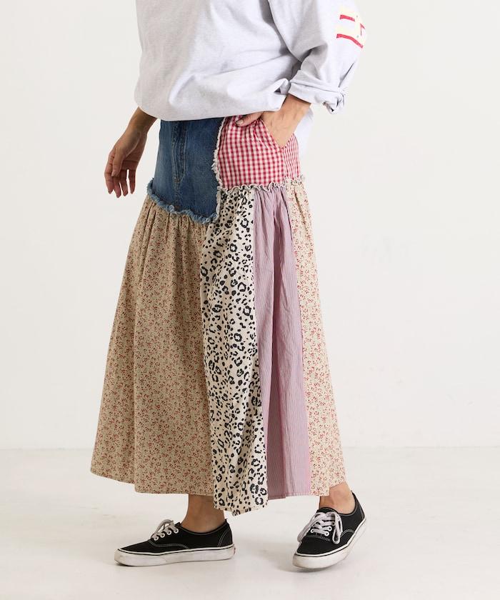 花卉與格紋拼接半身裙