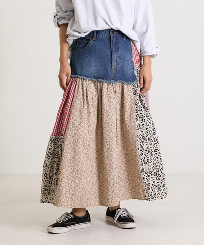 花卉與格紋拼接半身裙