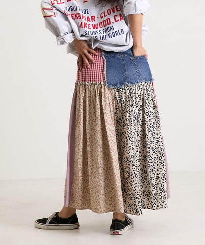 花卉與格紋拼接半身裙