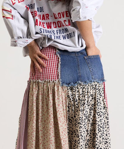 花卉與格紋拼接半身裙