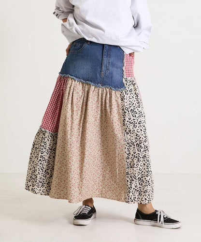 花卉與格紋拼接半身裙