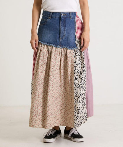 花卉與格紋拼接半身裙