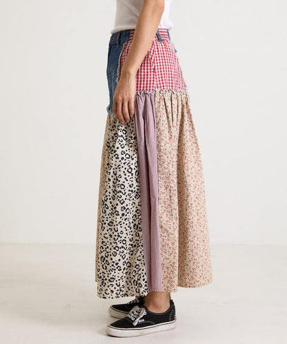 花卉與格紋拼接半身裙