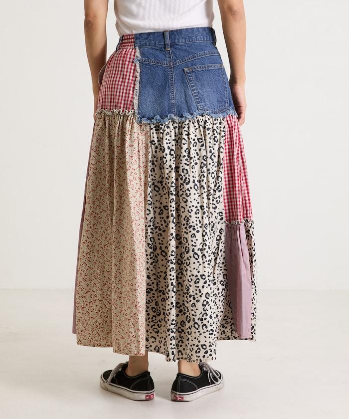 花卉與格紋拼接半身裙