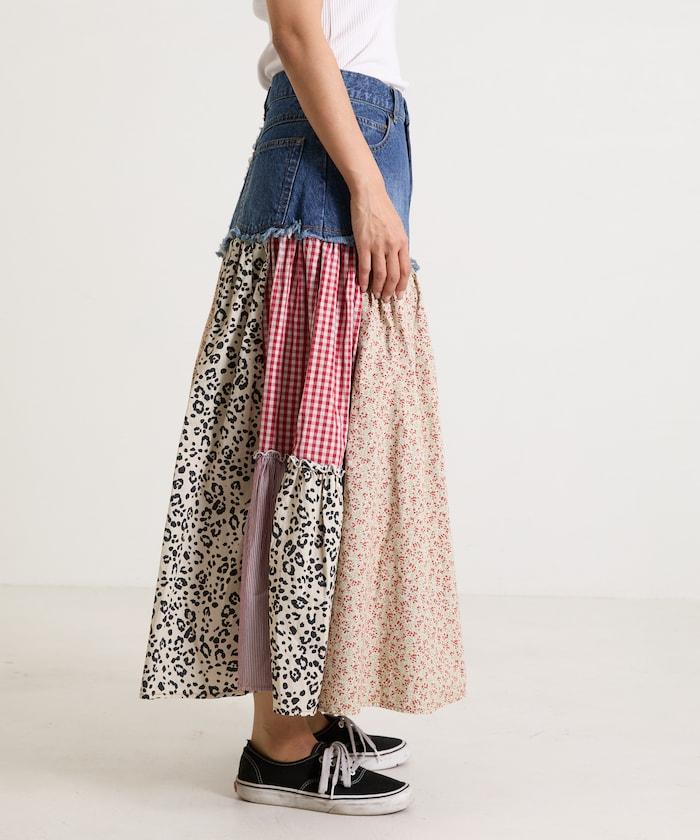 花卉與格紋拼接半身裙