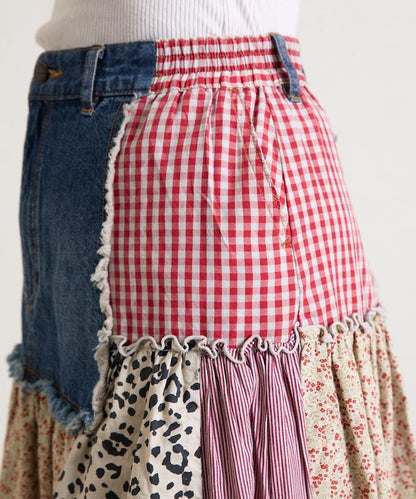 花卉與格紋拼接半身裙