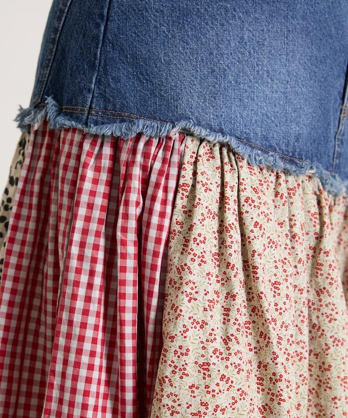 花卉與格紋拼接半身裙