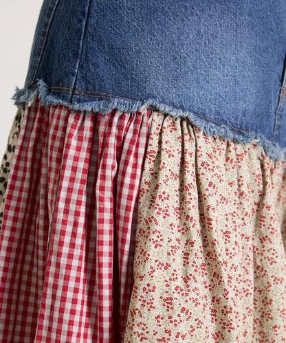 花卉與格紋拼接半身裙