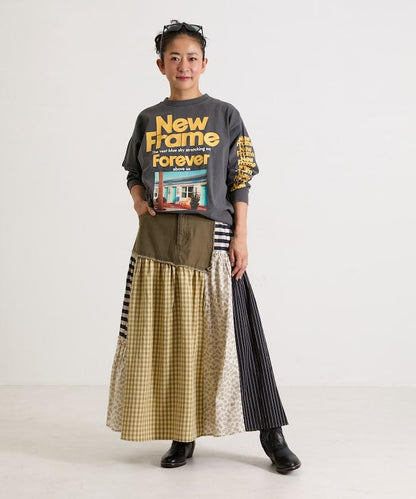 花卉與格紋拼接半身裙