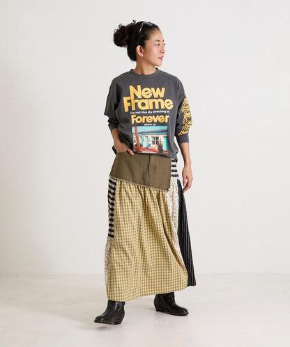 花卉與格紋拼接半身裙