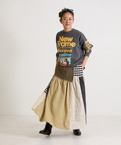 花卉與格紋拼接半身裙