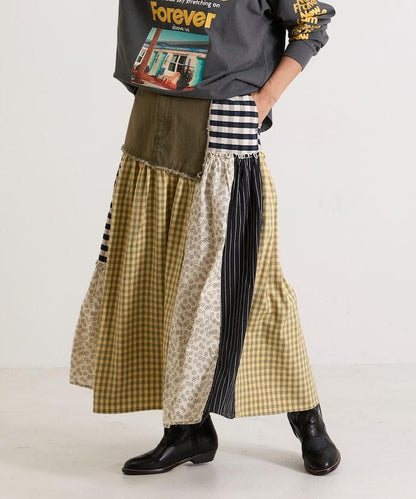 花卉與格紋拼接半身裙