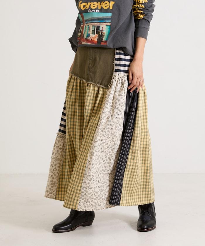 花卉與格紋拼接半身裙