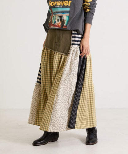 花卉與格紋拼接半身裙