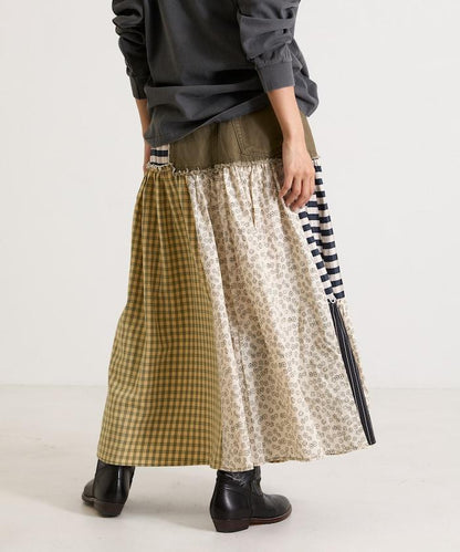 花卉與格紋拼接半身裙