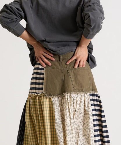 花卉與格紋拼接半身裙