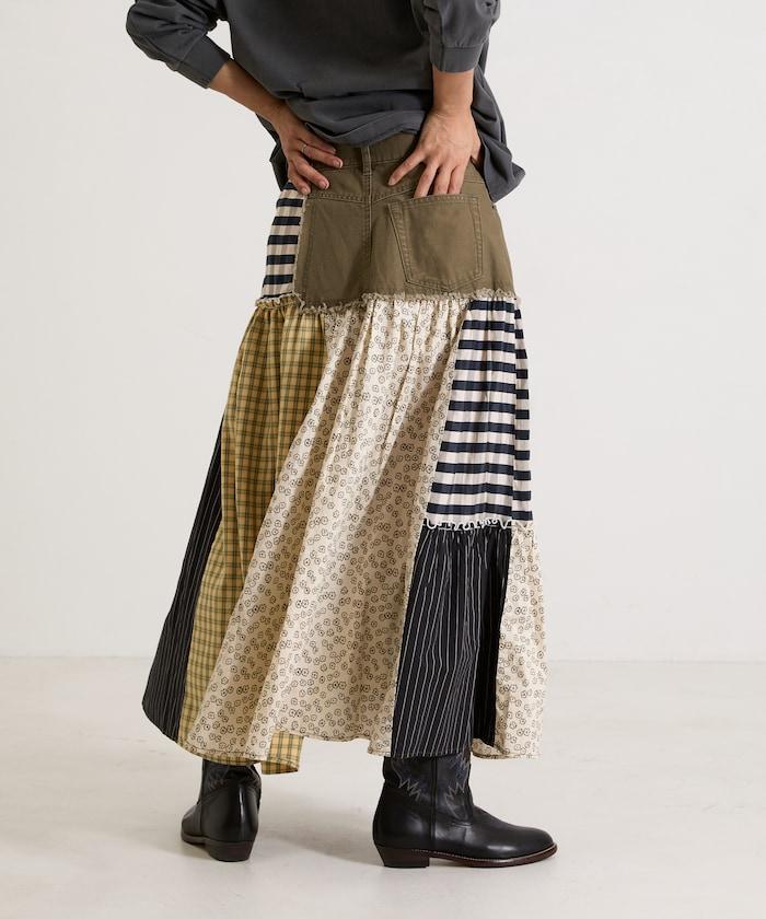 花卉與格紋拼接半身裙