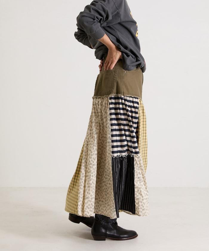 花卉與格紋拼接半身裙