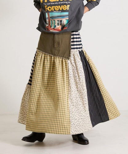 花卉與格紋拼接半身裙