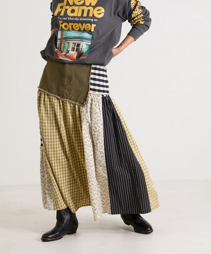 花卉與格紋拼接半身裙