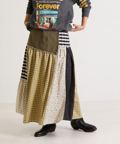 花卉與格紋拼接半身裙