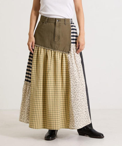 花卉與格紋拼接半身裙