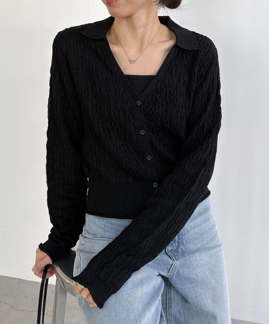 不規則抽褶POLO領針織開衫