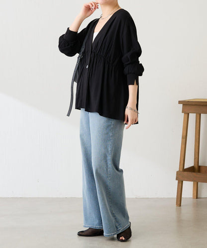 修飾身形 褶皺拼接 襯衫式開衫