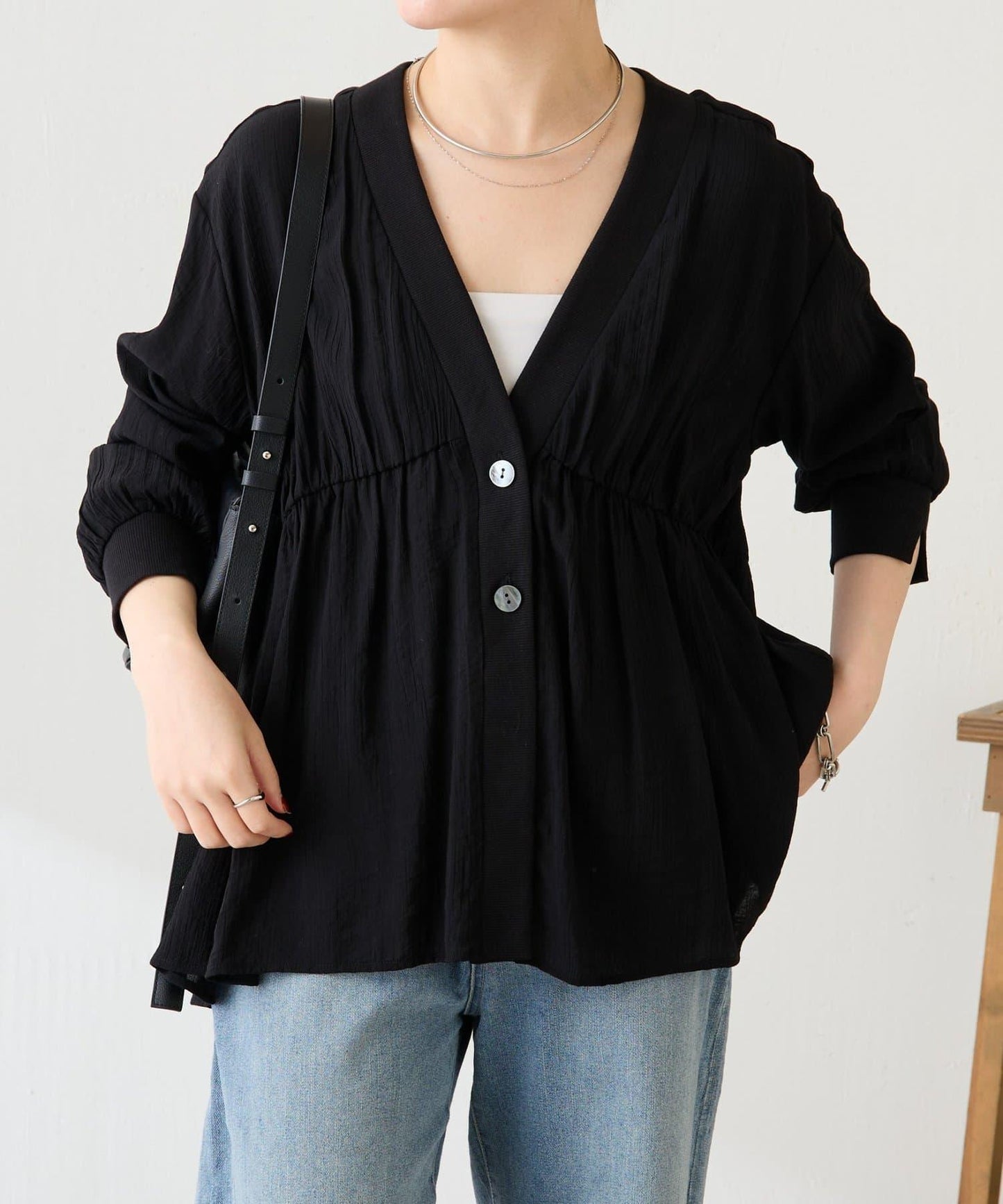 修飾身形 褶皺拼接 襯衫式開衫