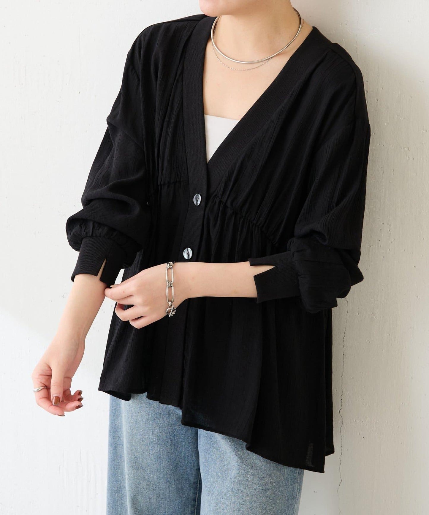 修飾身形 褶皺拼接 襯衫式開衫