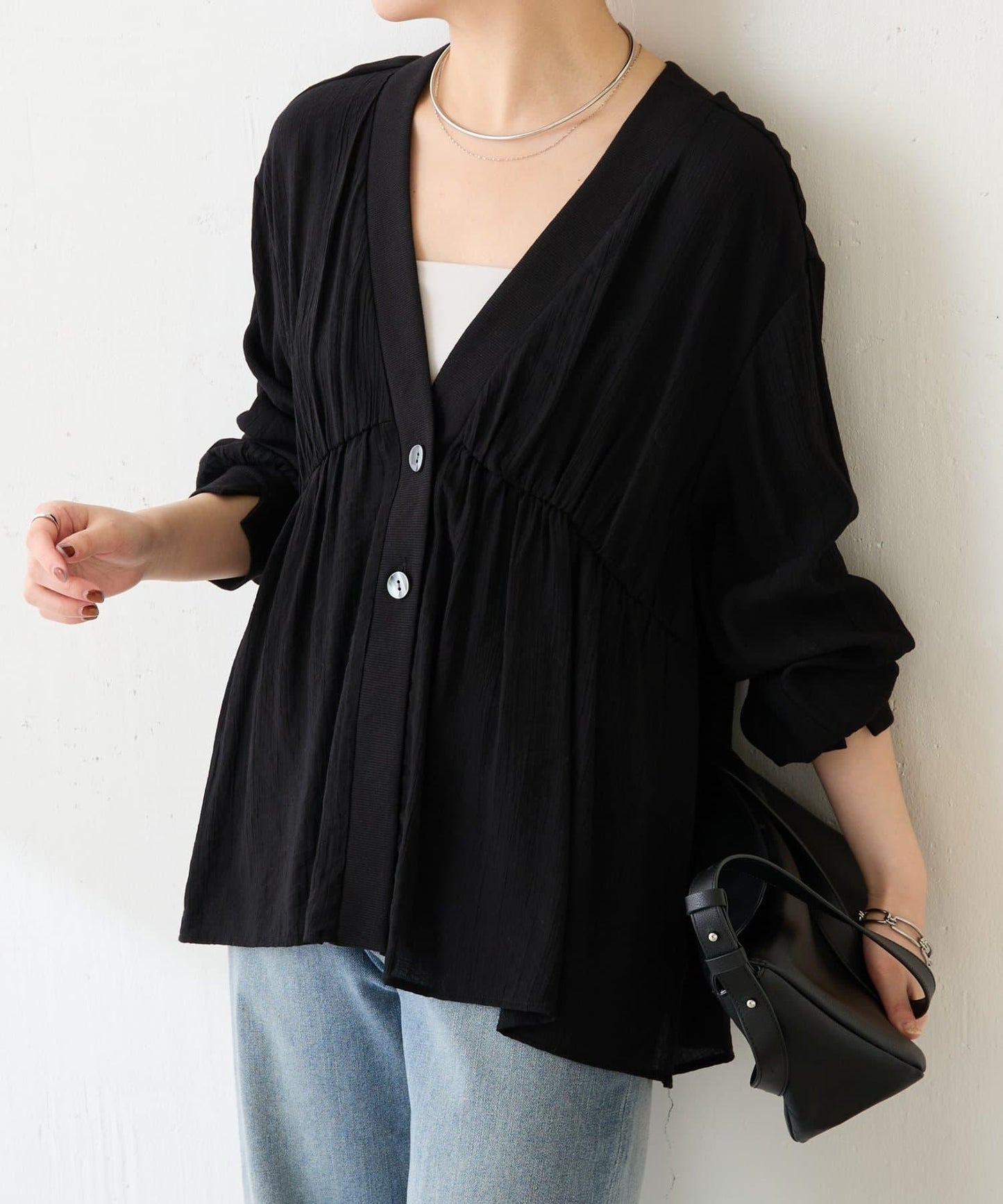 修飾身形 褶皺拼接 襯衫式開衫