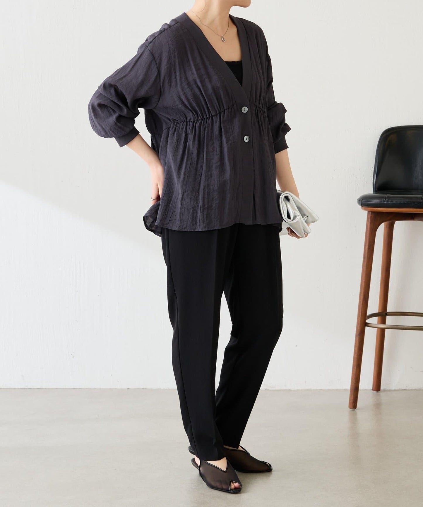 修飾身形 褶皺拼接 襯衫式開衫