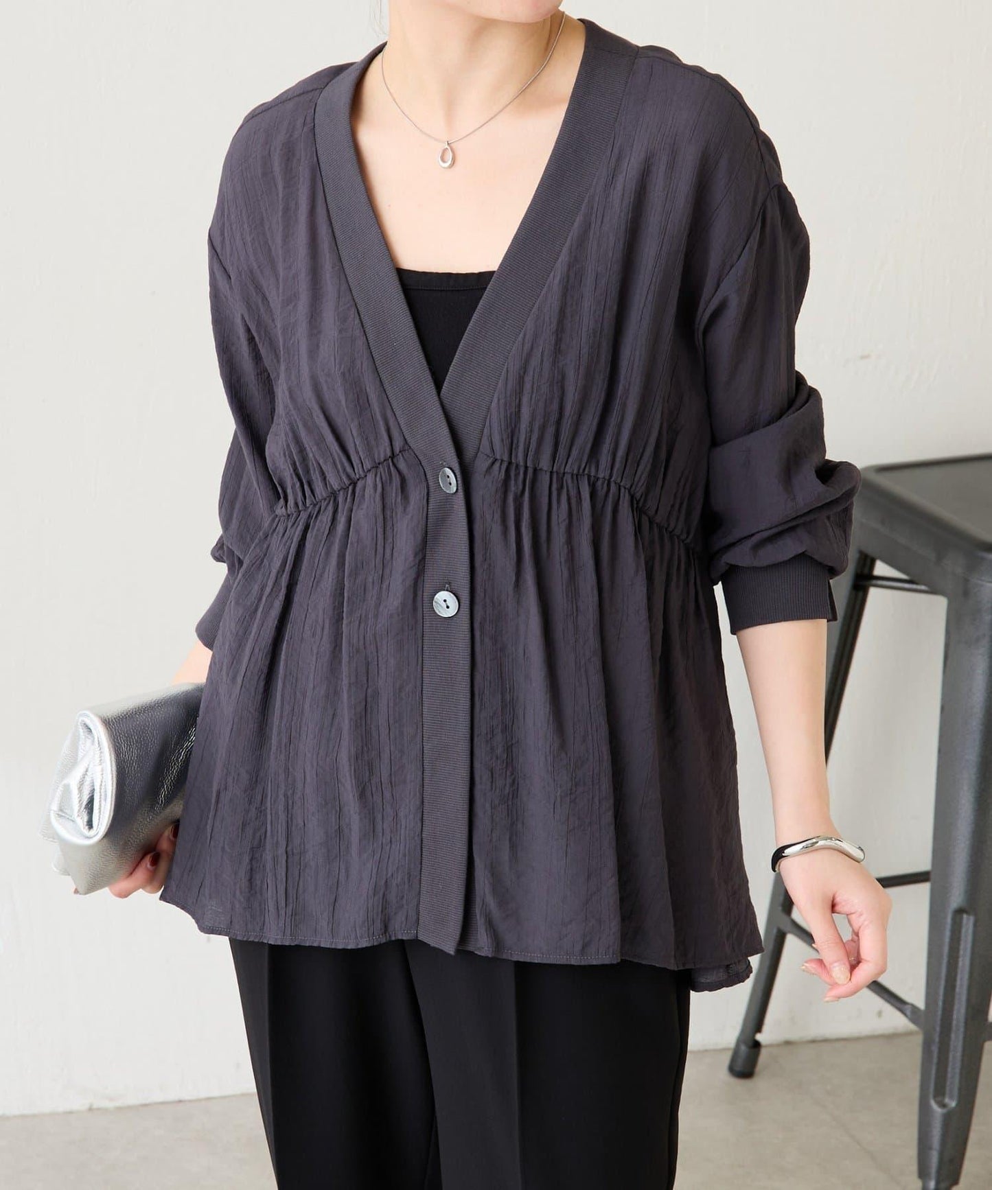 修飾身形 褶皺拼接 襯衫式開衫