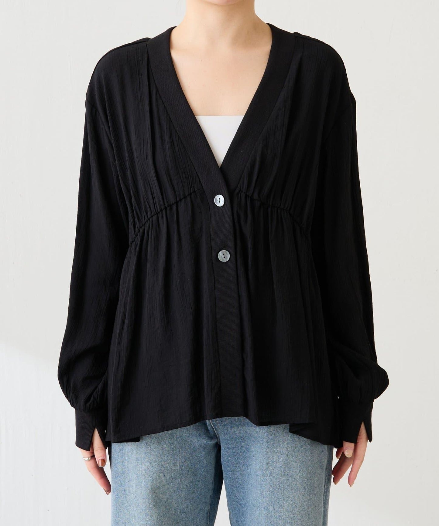 修飾身形 褶皺拼接 襯衫式開衫