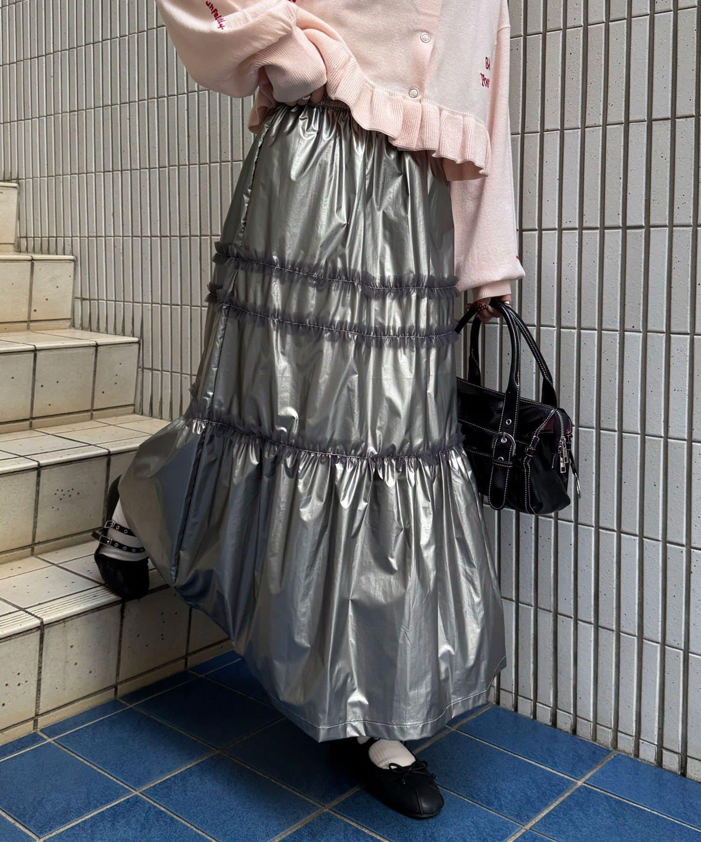 亮面網紗荷葉邊層疊半身裙