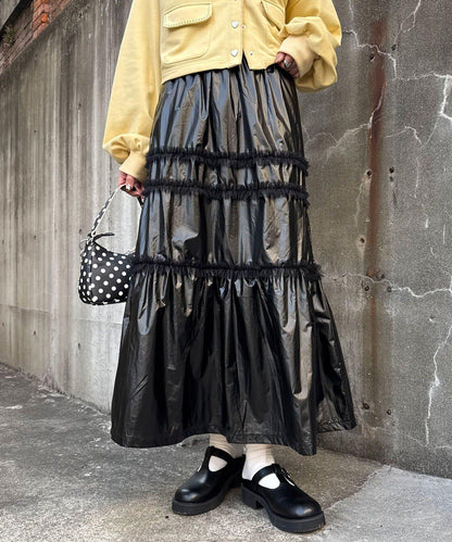 亮面網紗荷葉邊層疊半身裙