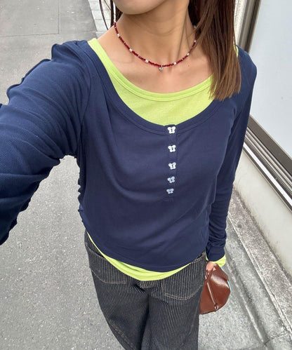 兩件套彈力透紗疊穿上衣