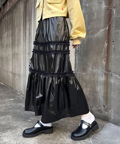 亮面網紗荷葉邊層疊半身裙