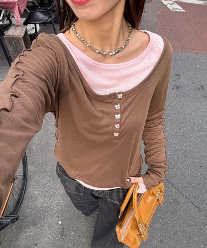 兩件套彈力透紗疊穿上衣