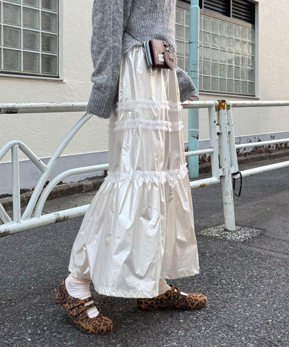 亮面網紗荷葉邊層疊半身裙