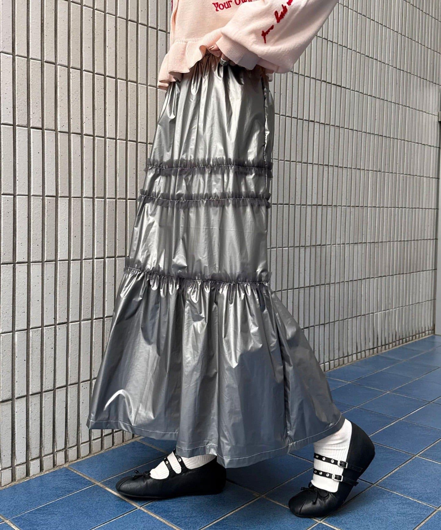 亮面網紗荷葉邊層疊半身裙