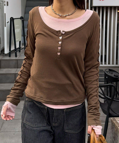 兩件套彈力透紗疊穿上衣