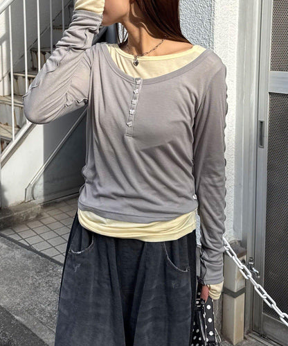 兩件套彈力透紗疊穿上衣