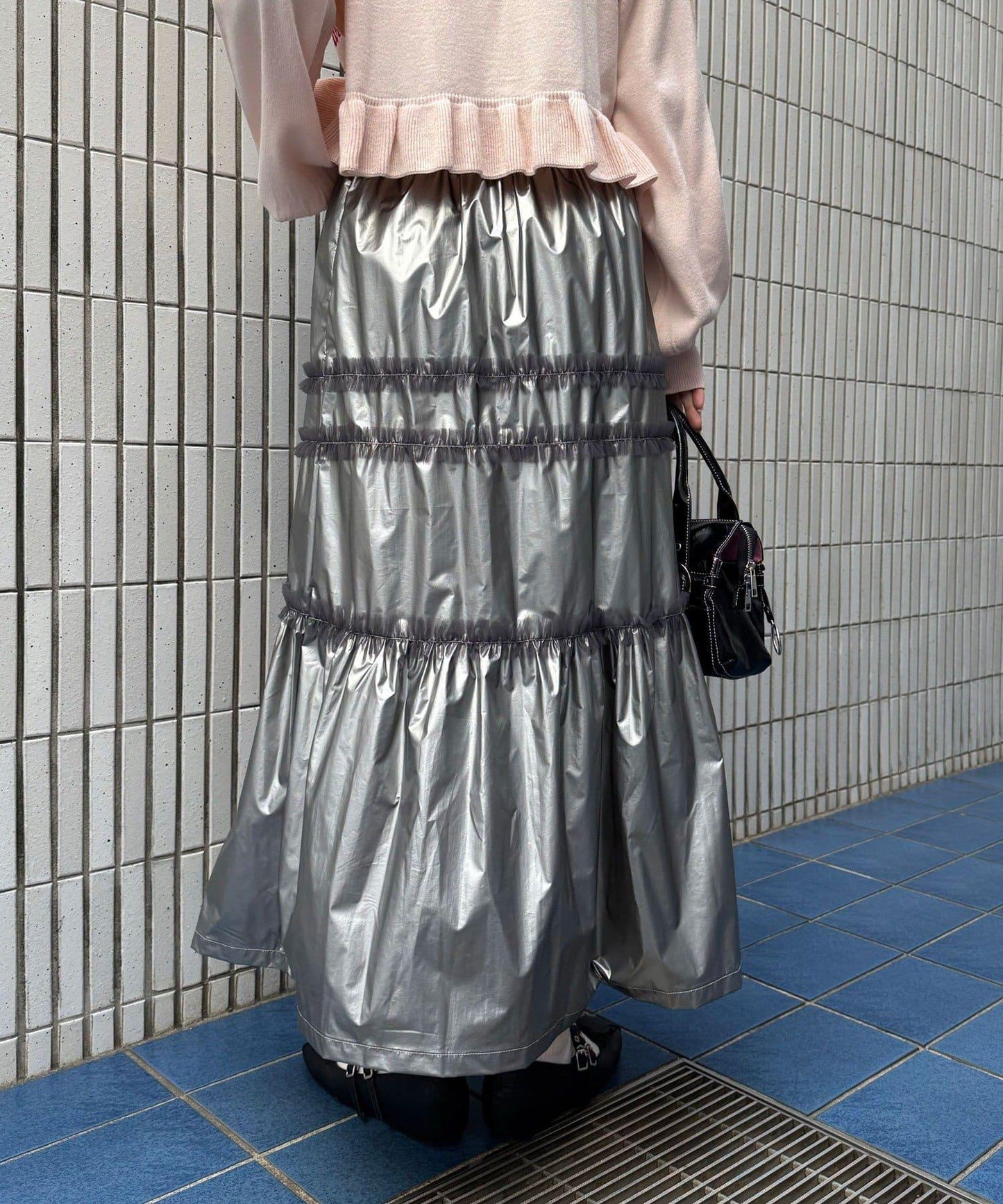 亮面網紗荷葉邊層疊半身裙